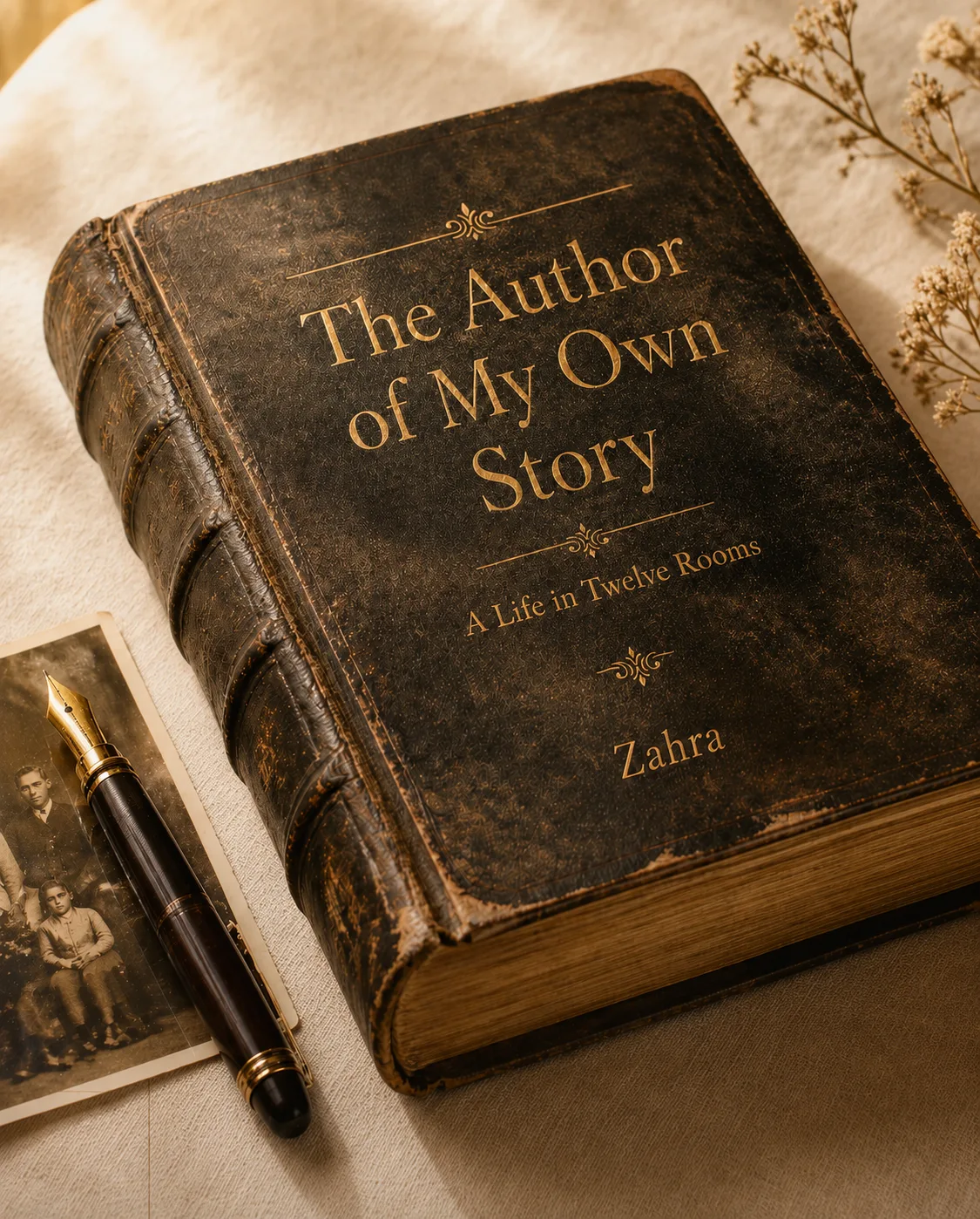 A weathered leather-bound memoir resting on ivory linen beside a sepia family photograph